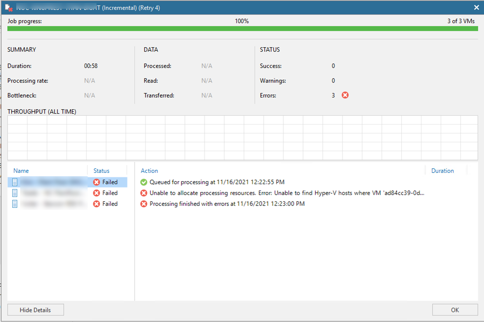 121421 0244 HowtofixVee1 - How to fix Veeam unable to allocate processing resources issues. Error unable to find Hyper-V hosts where VM 'xxxx-xxxx-xxxx-xxxx-xxxxis registered