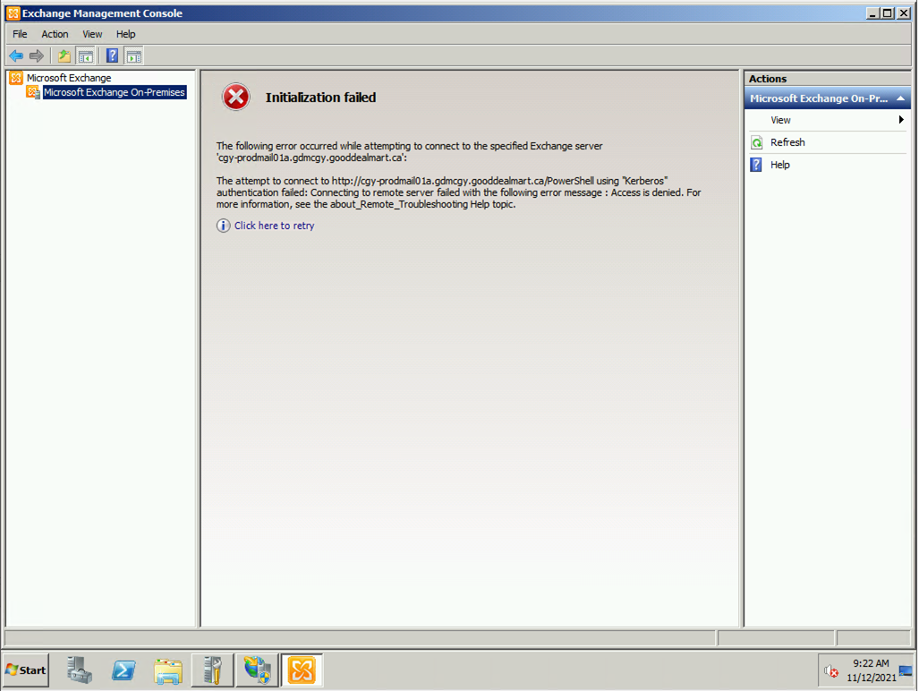 121621 1835 HowtofixExc4 - How to fix Exchange Management Console Initialization failed “Kerberos” Authentication failed error