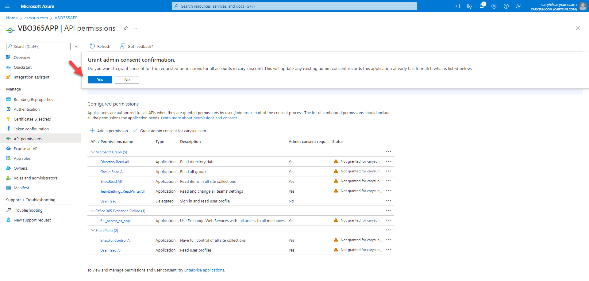 042222 1711 Howtoconfig25 - How to configure Azure AD Application Permissions for Modern Authentication and Legacy Protocols Authentication of Veeam Backup for Microsoft 365