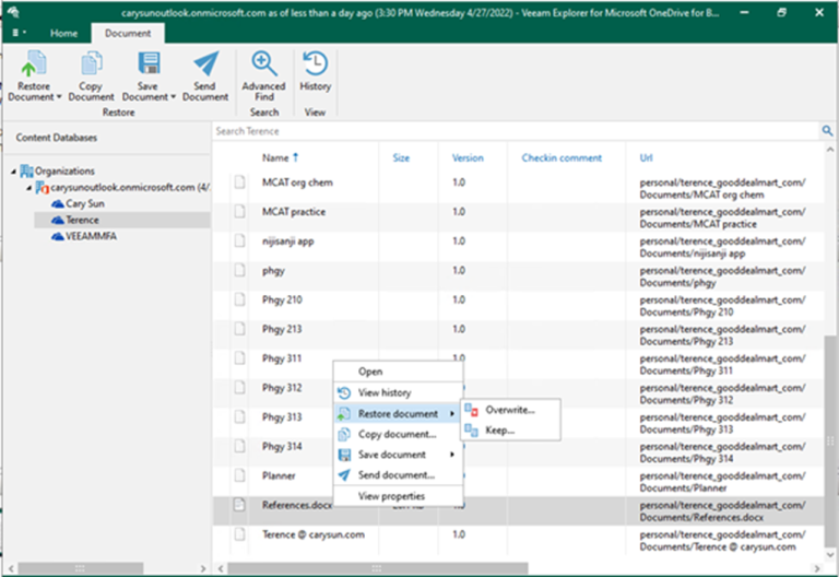 013023 0157 Howtorestor3 768x528 - How to restore OneDrive for Business data from Veeam Explorer for Microsoft OneDrive in Veeam Backup for Microsoft 365 v6