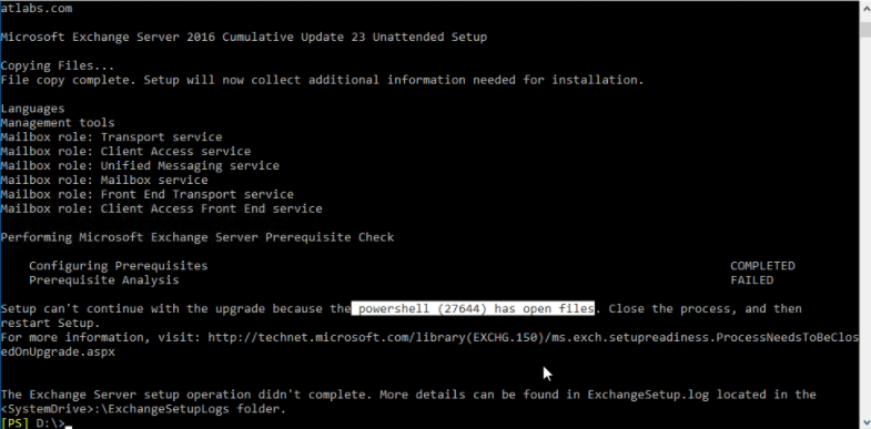 031723 1920 HowtoFixPow1 - How to Fix PowerShell Has Open Files Error at Installing the Exchange 2016 Cumulative Update 23